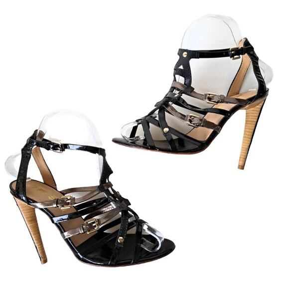 L.A.M.B. Black Patent Leather LaDonna Strappy Stillito Heels Sandals - Picture 3 of 10